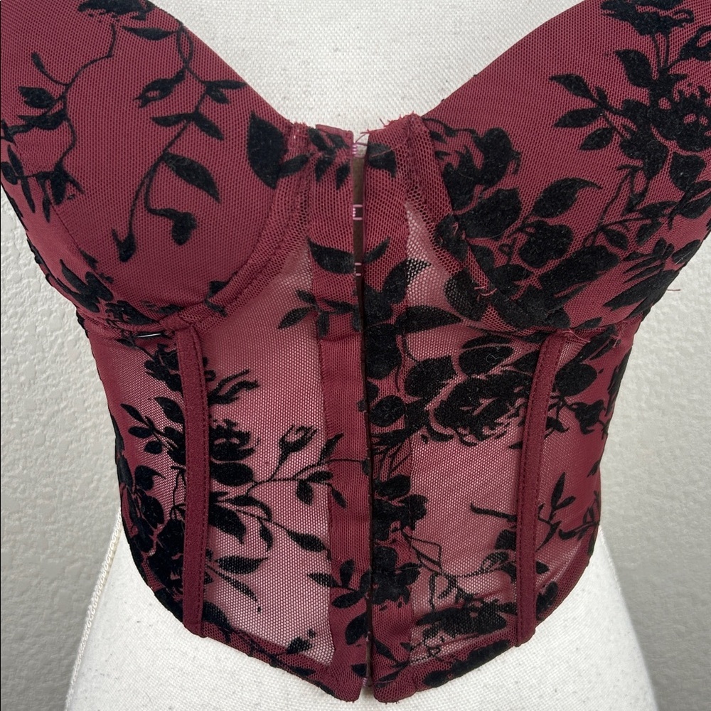 Windsor Burgundy Burnout Velvet Floral Y2K 90's Whimsigoth Goth Whimsical Corset - Picture 4 of 9
